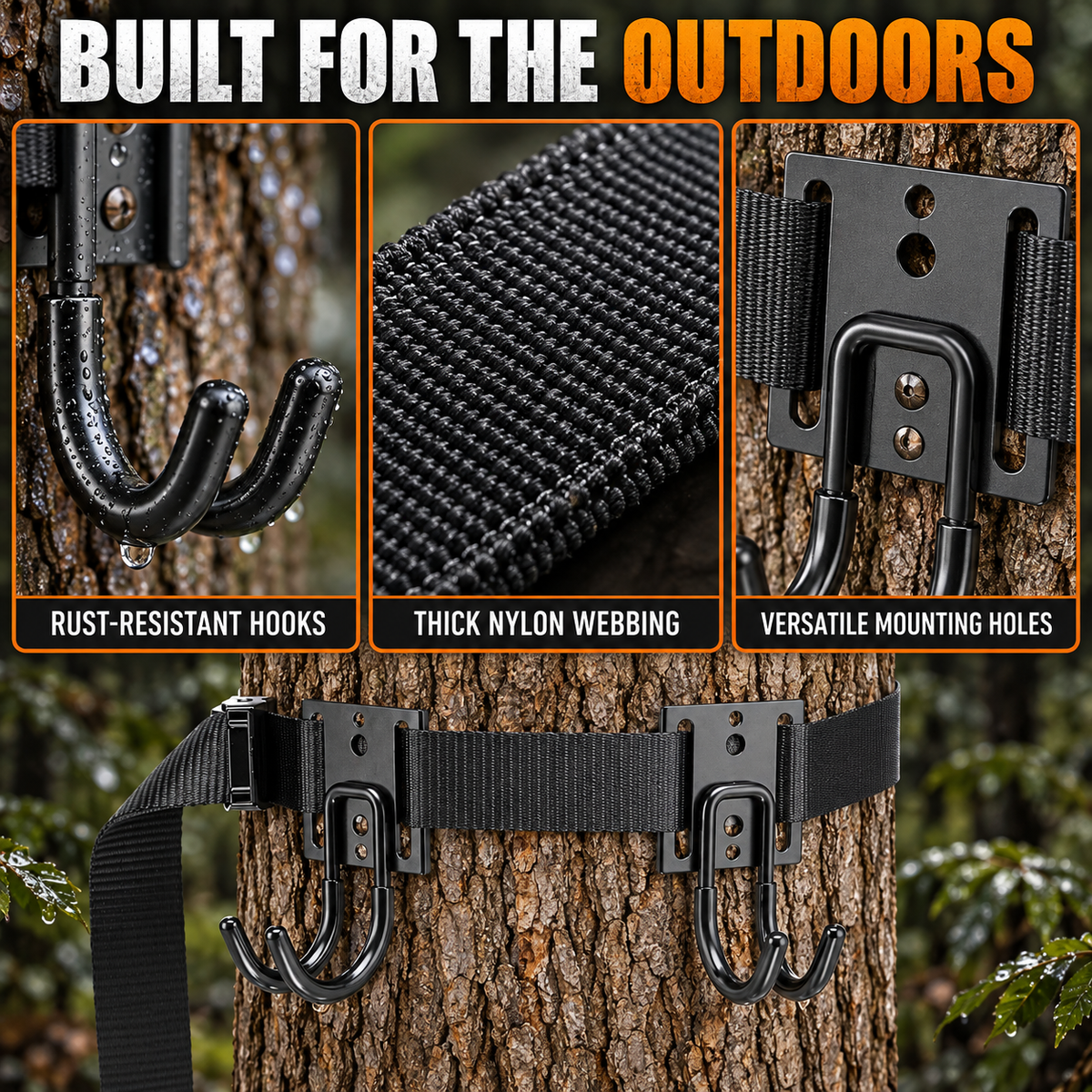 Tree Stand Gear Hanger Strap with 3 Metal Hooks Adjustable Outdoor Equipment Holder
