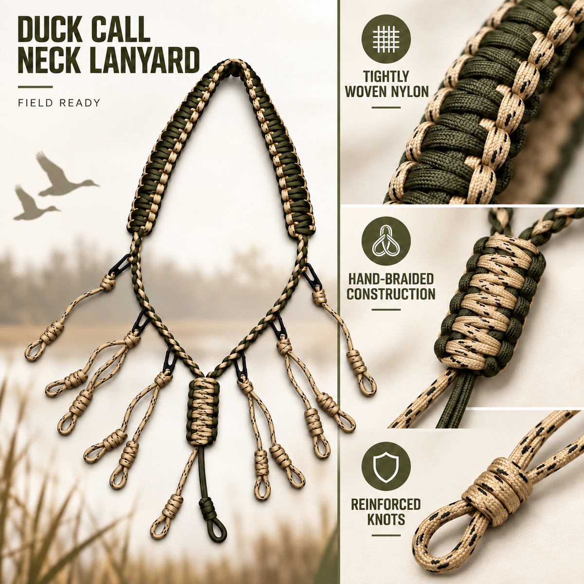 Braided Nylon Duck Call Lanyard with Adjustable Neck Strap Multiple Loops