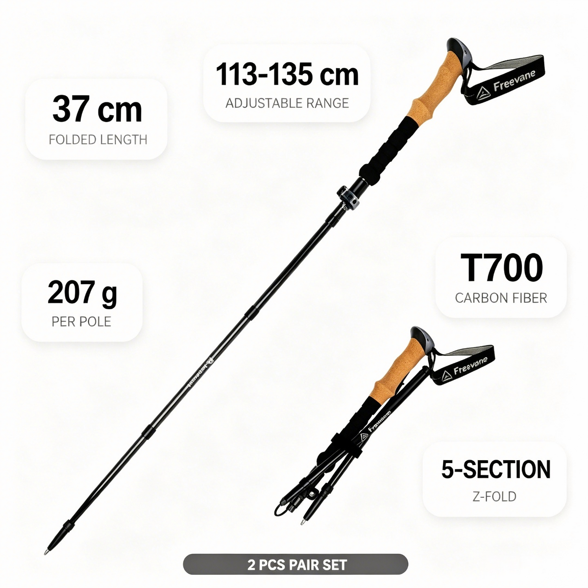 T700 Carbon Fiber Trekking Poles Ultralight 5 Section Folding Hiking Poles with Quick Lock 2 Pack