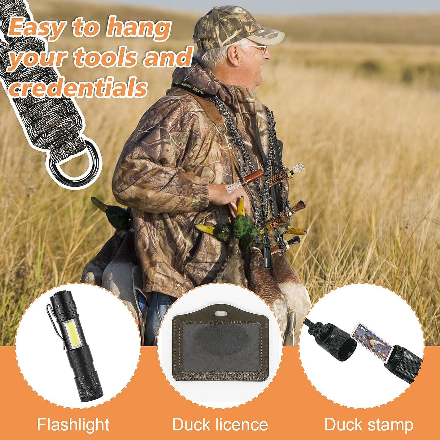Duck Call Lanyard - 12 Loops Duck Whistle Hunting Accessories with 10 Removable Loops, Woven Goose Call Carry Lanyard, Predator Gear for Outdoor Hunt - Camo Without Duck Call
