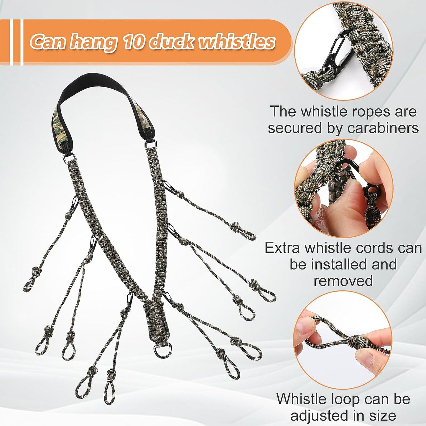 Duck Call Lanyard - 12 Loops Duck Whistle Hunting Accessories with 10 Removable Loops, Woven Goose Call Carry Lanyard, Predator Gear for Outdoor Hunt - Camo Without Duck Call