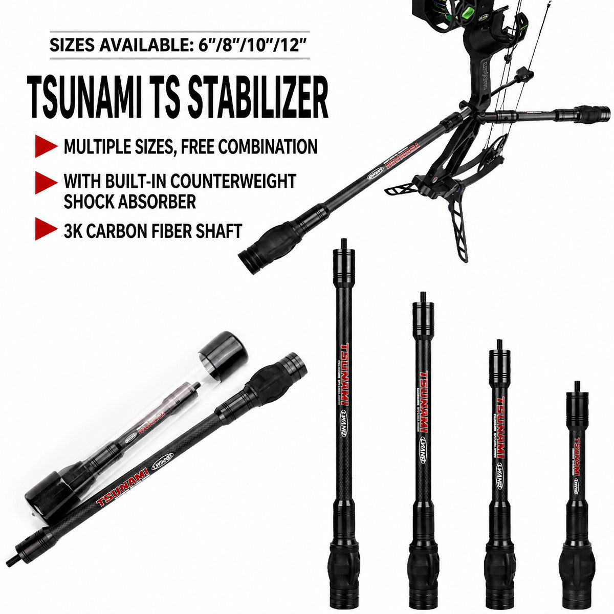 Archery Bow Stabilizer Vibration Dampening Balance Rod with Removable Weights 6/8/10/12 Inch