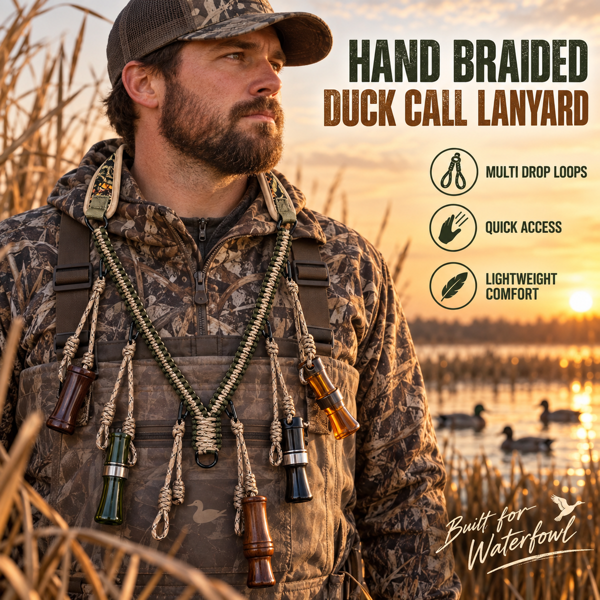 Hand Braided Duck Call Lanyard with Quick Release Loops Padded Neck Strap