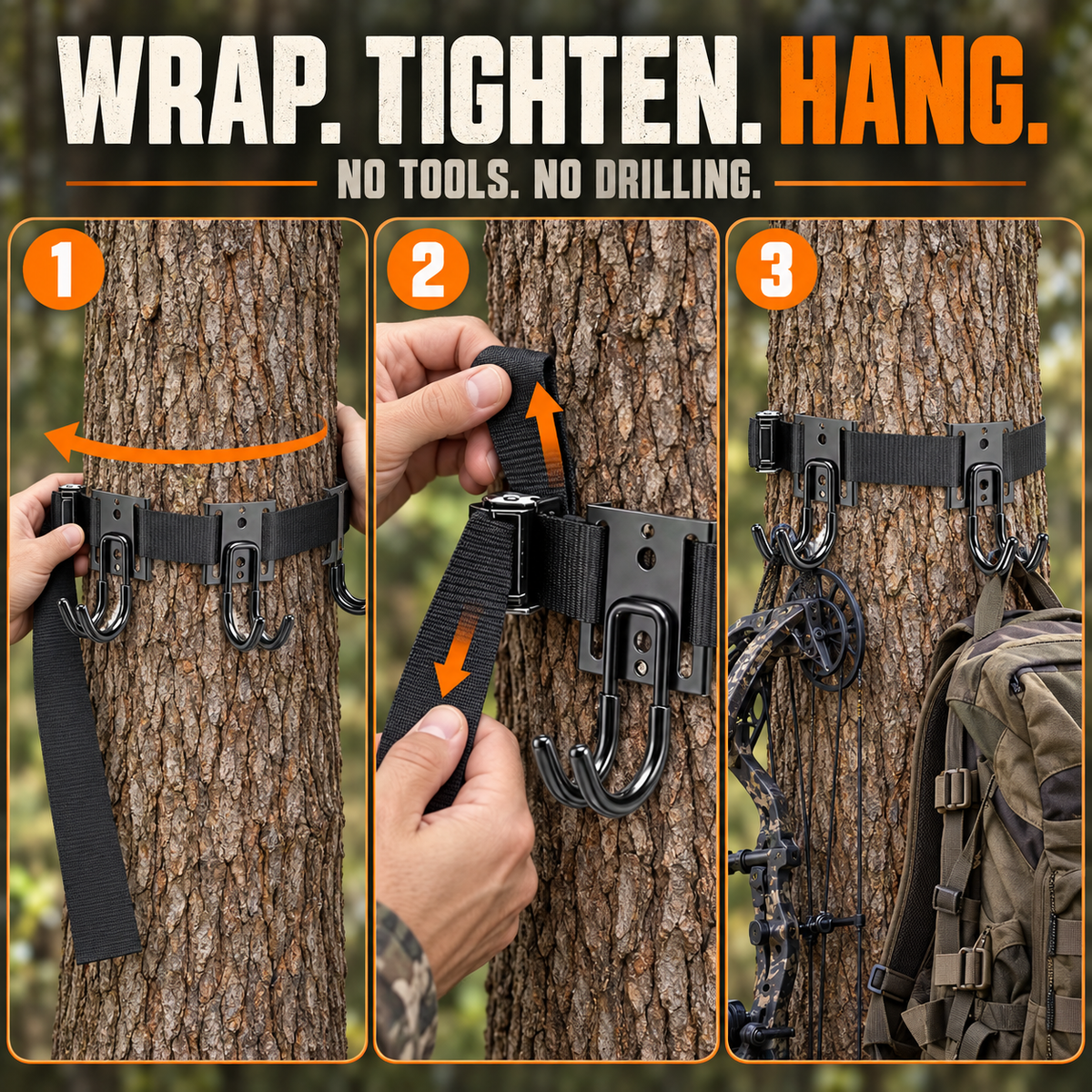 Tree Stand Gear Hanger Strap with 3 Metal Hooks Adjustable Outdoor Equipment Holder