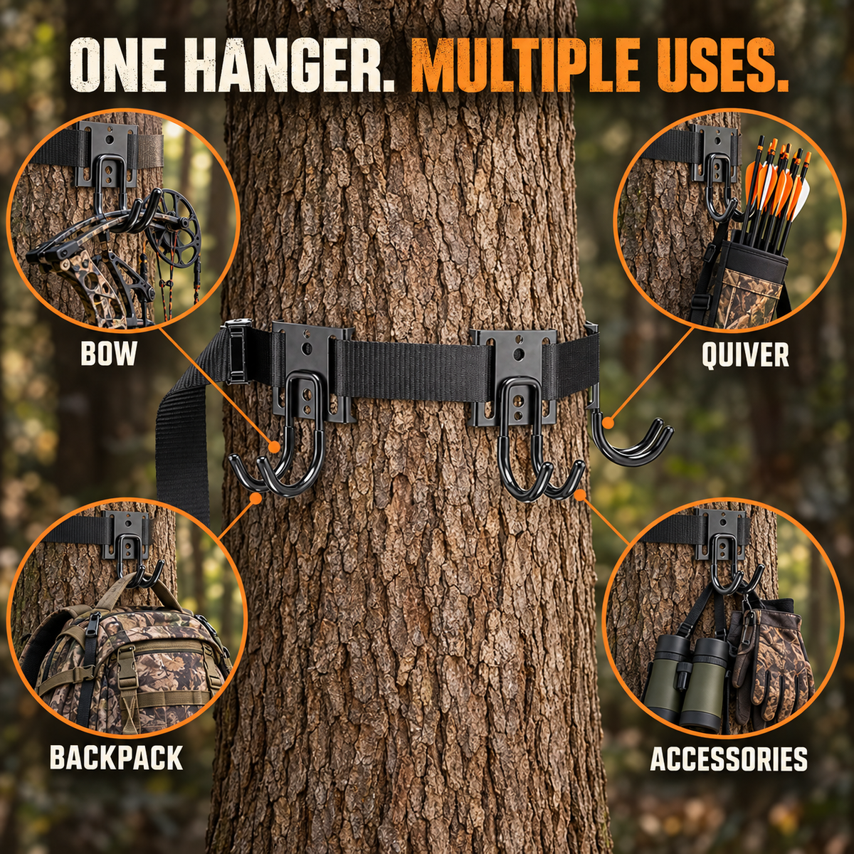 Tree Stand Gear Hanger Strap with 3 Metal Hooks Adjustable Outdoor Equipment Holder