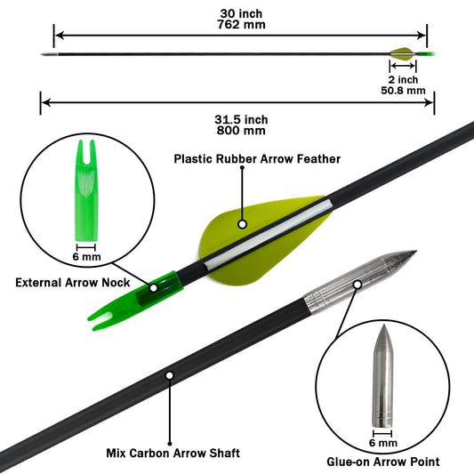 12pcs 31.5 Inch Carbon Composite Arrows 4.2mm ID with Steel Tips Plastic Vanes