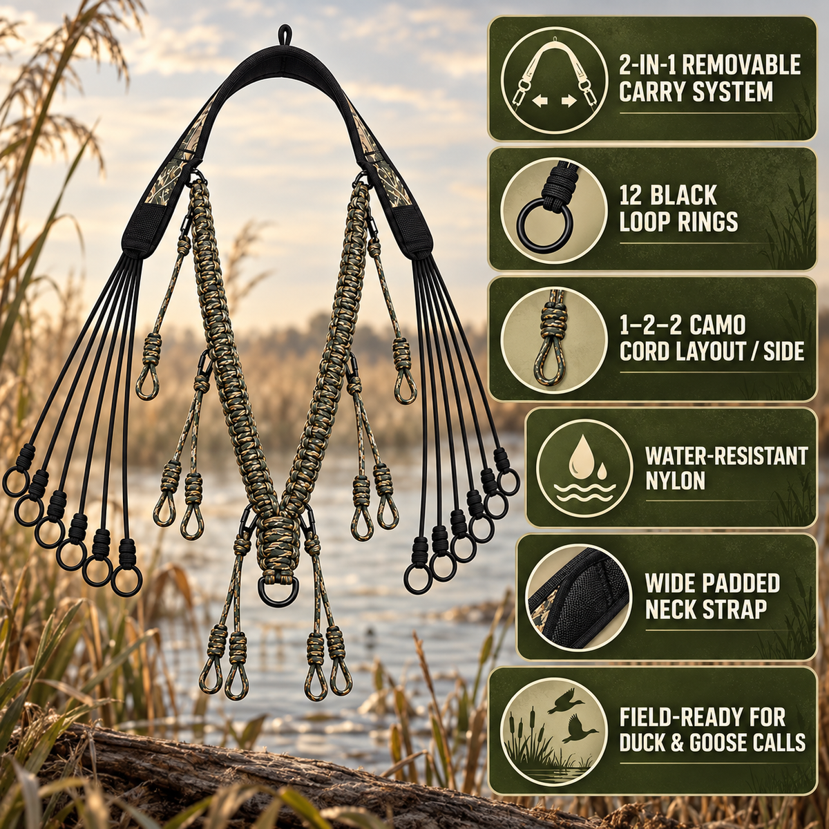 2-in-1 Duck Call Lanyard Game Carrier Braided Nylon Waterfowl Hunting Strap