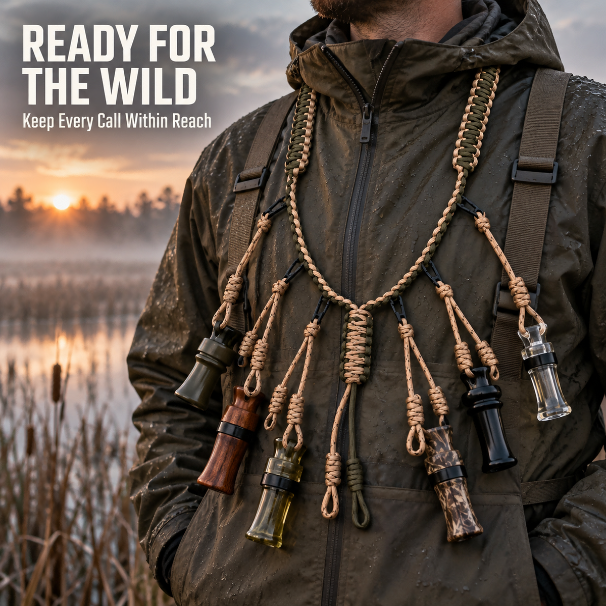 Braided Nylon Duck Call Lanyard with Adjustable Neck Strap Multiple Loops