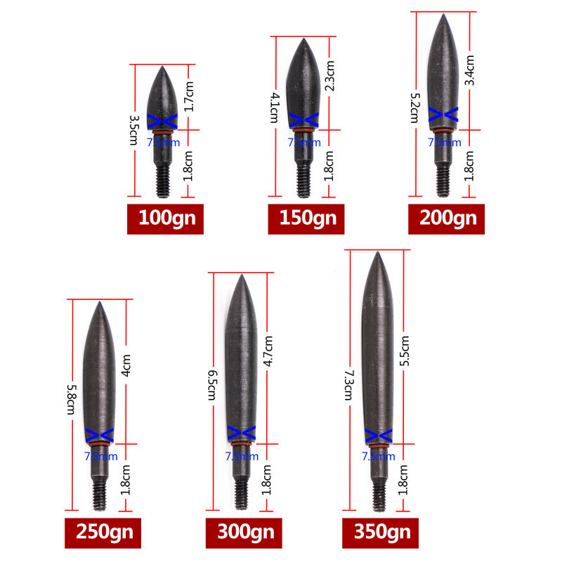 12Pcs Steel Target Arrow Points 100–350 Grain Metal Field Tips for 6.2mm ID Archery Arrow Shafts