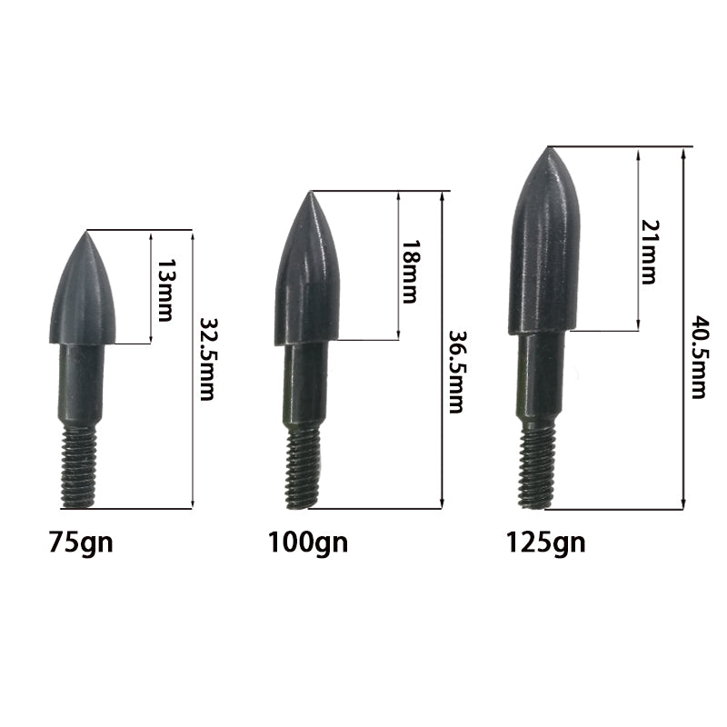 12Pcs 75/100/125 Grain Archery Field Points Metal Target Arrow Tips for 6.2mm ID Arrow Shafts