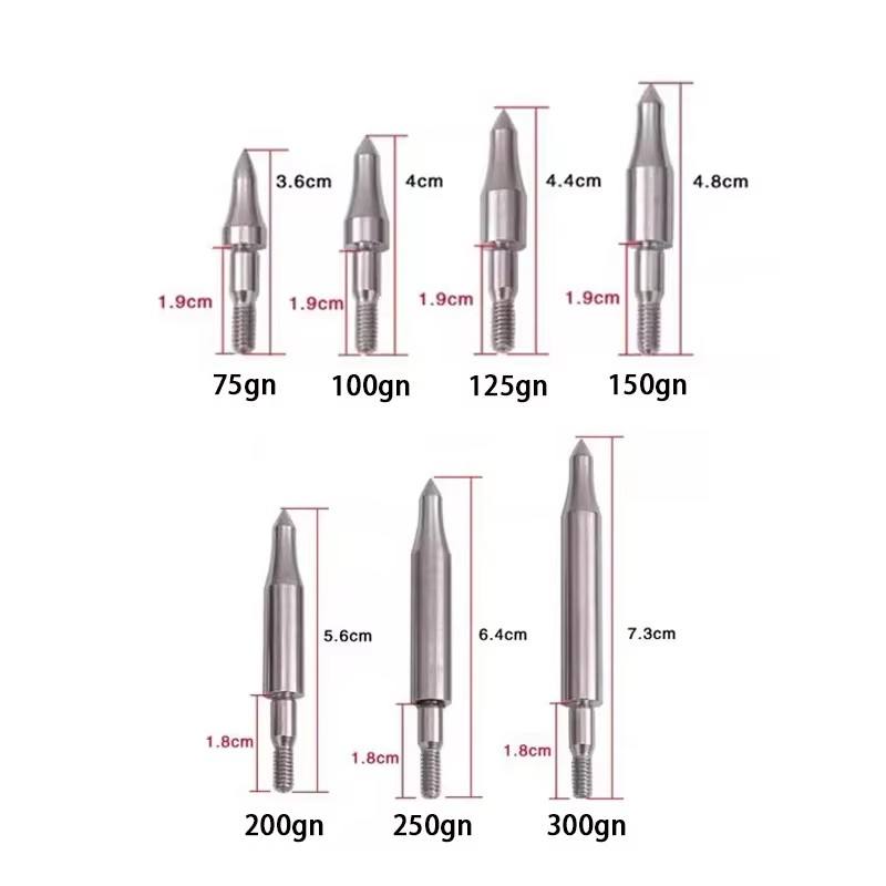 12Pcs Stainless Steel Target Arrow Points 75–300 Grain Field Tips for 6.2mm ID Archery Shafts