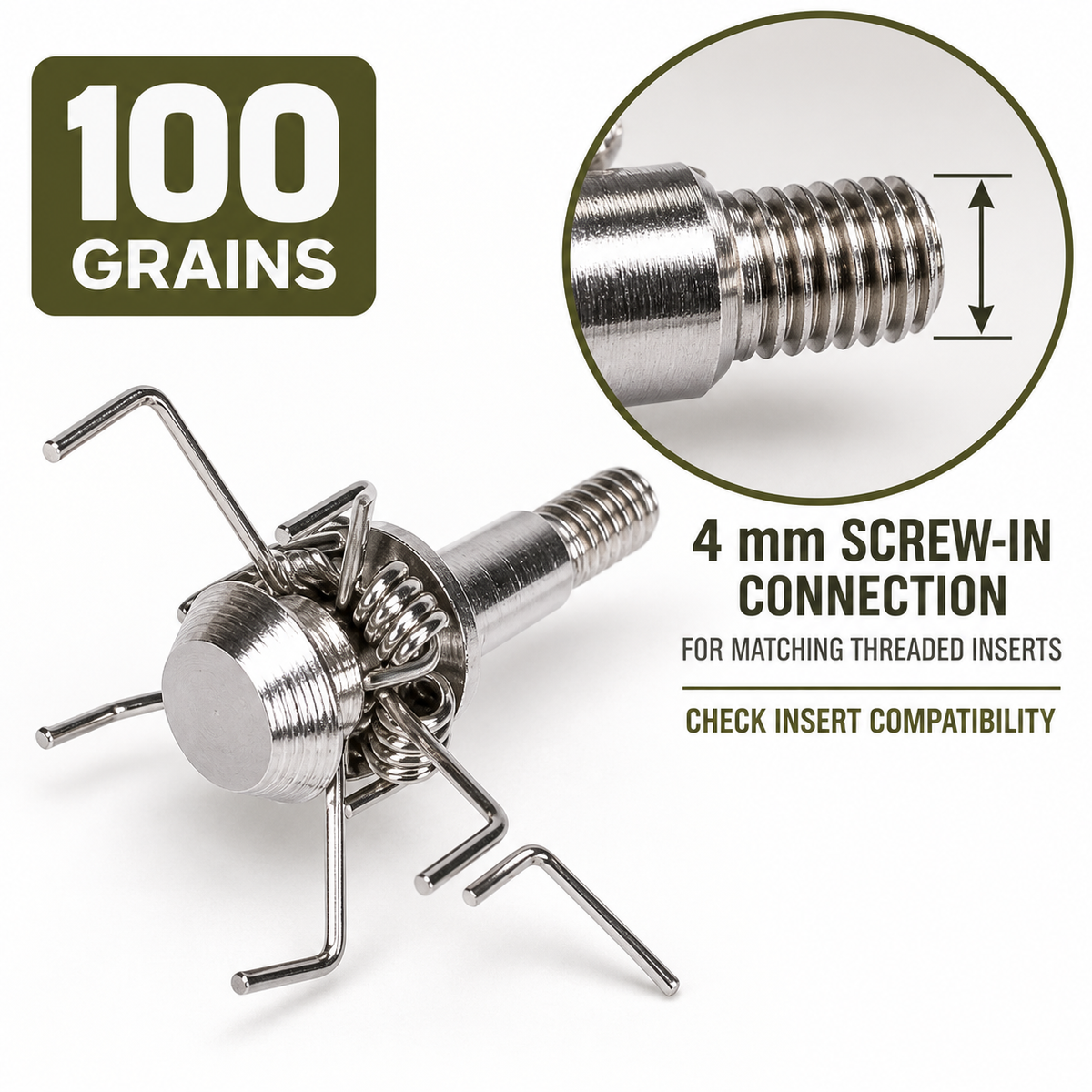 100 Grain 3 per box Judo Arrow Points with Spring Arms 4mm Screw In Tips