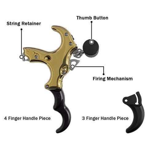 Solid Brass Compound Bow Thumb Release Aid with 3 or 4 Finger Grip