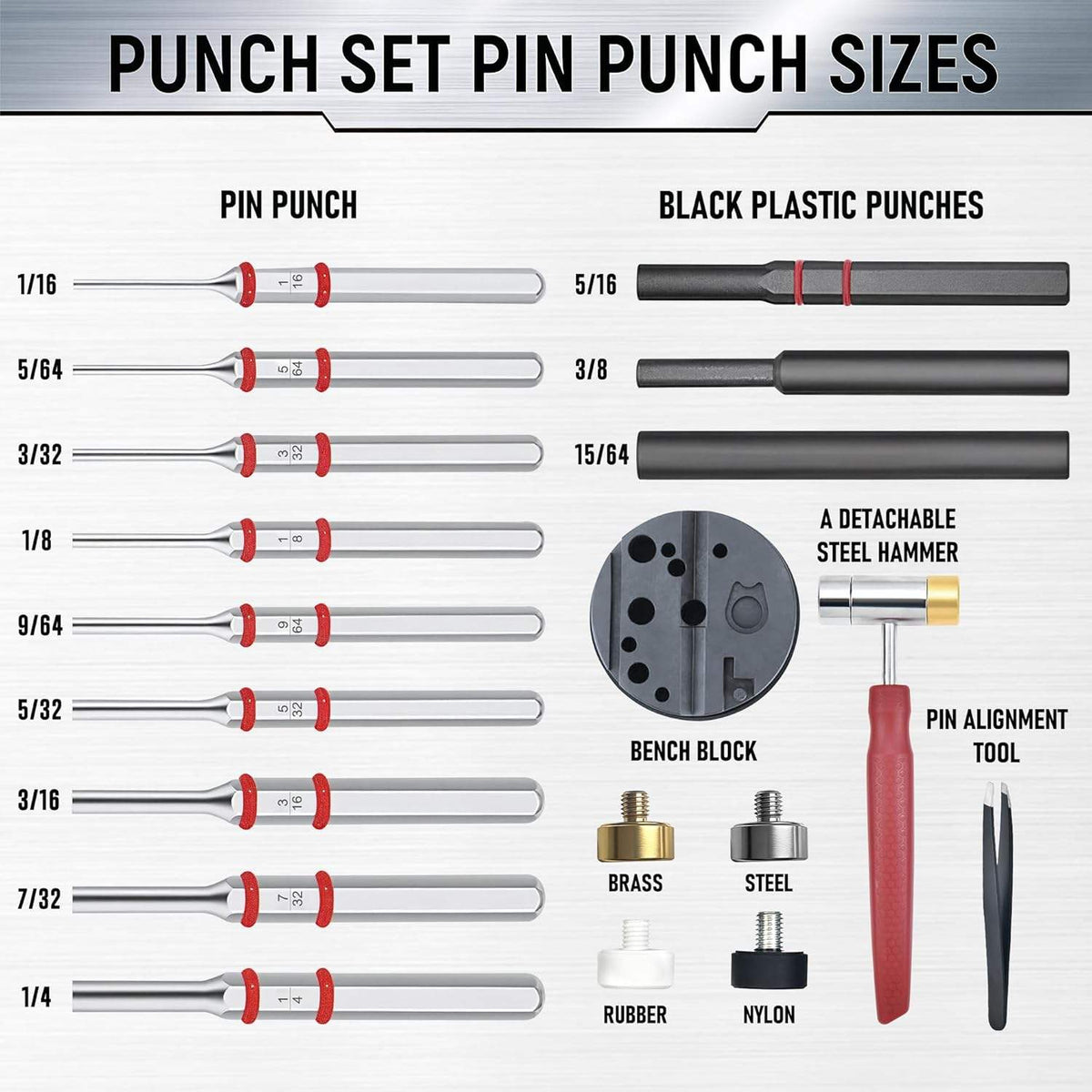 Roll Pin Punch Set with 4 Interchangeable Hammer Heads Bench Block