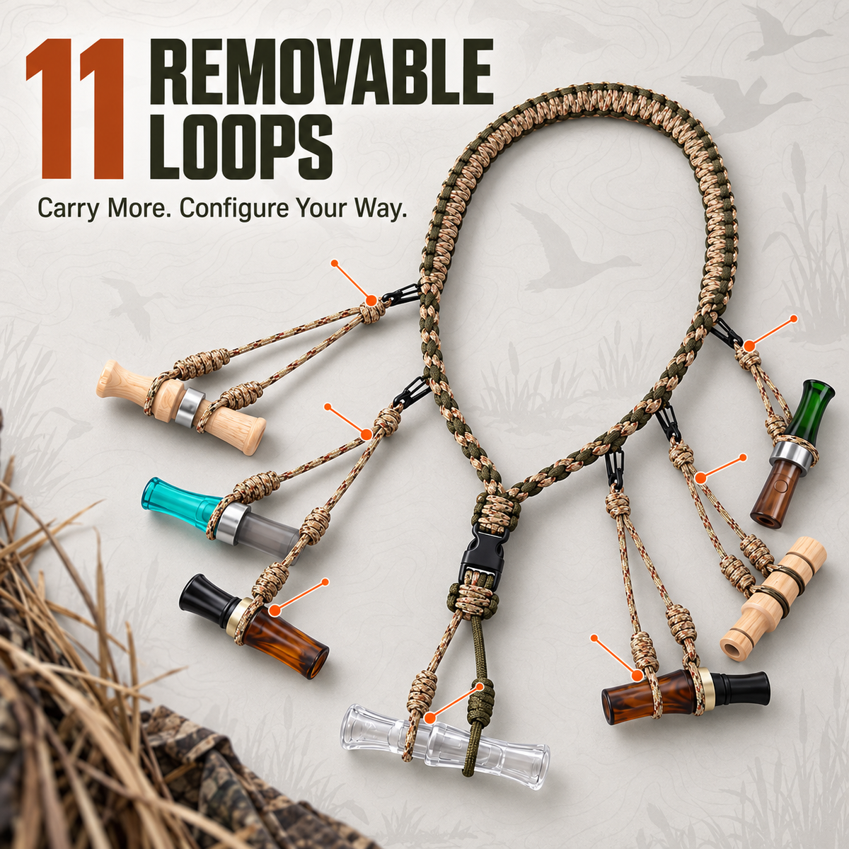 11 Loop Duck Call Lanyard Hand Braided Seven Strand 550 Paracord